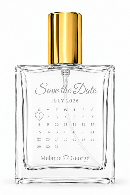 Personalized Save the Date Refillable Perfume Bottle – Custom Engraved Wedding Calendar, 3.4 oz / 100 mL